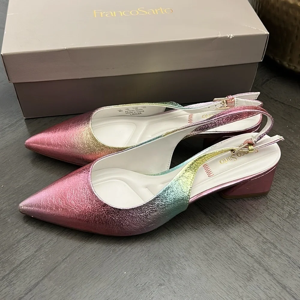 FRANCO SARTO Racer Womens Buckle Pointed Toe Slingback Heels